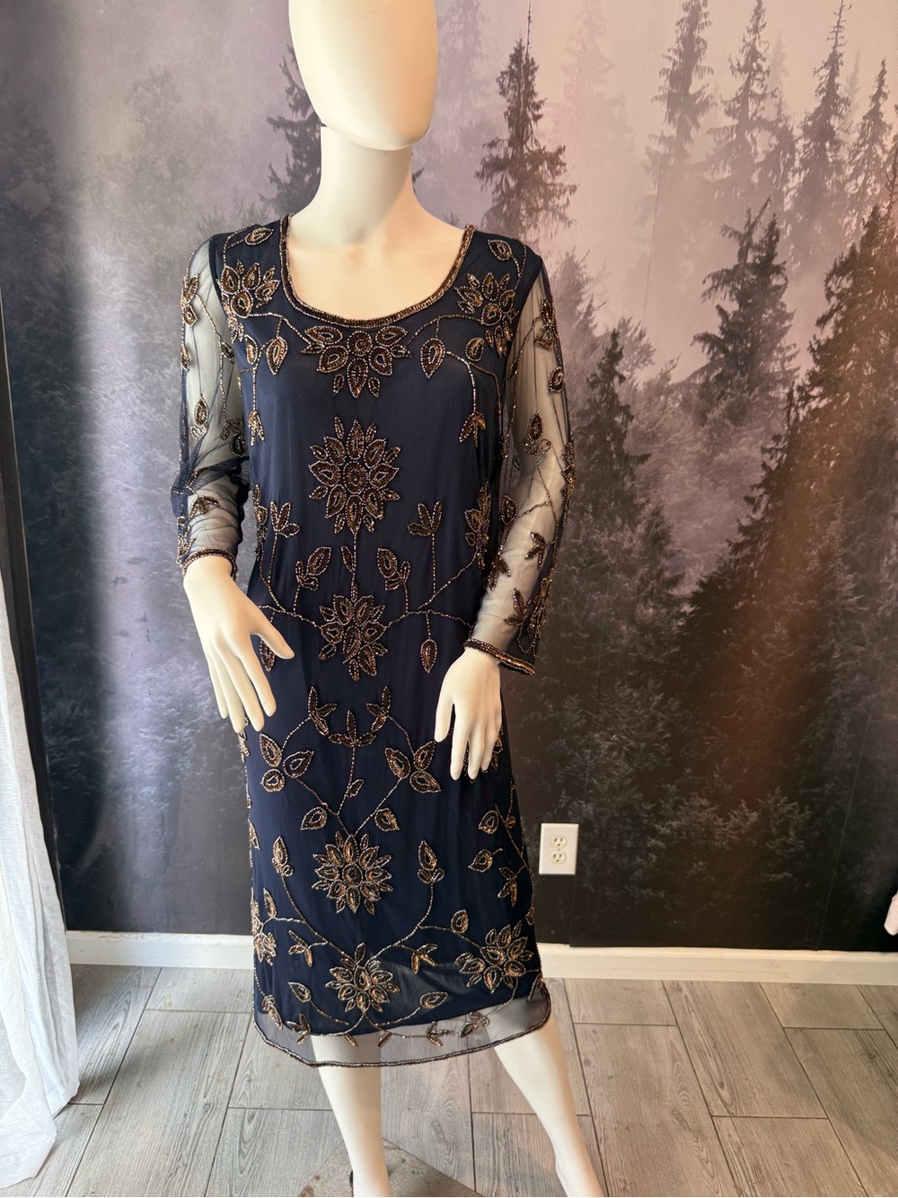 Pisarro Nights Navy Blue Midi Dress with Gold Floral Embroidery beads and sequin - Picture 4 of 15
